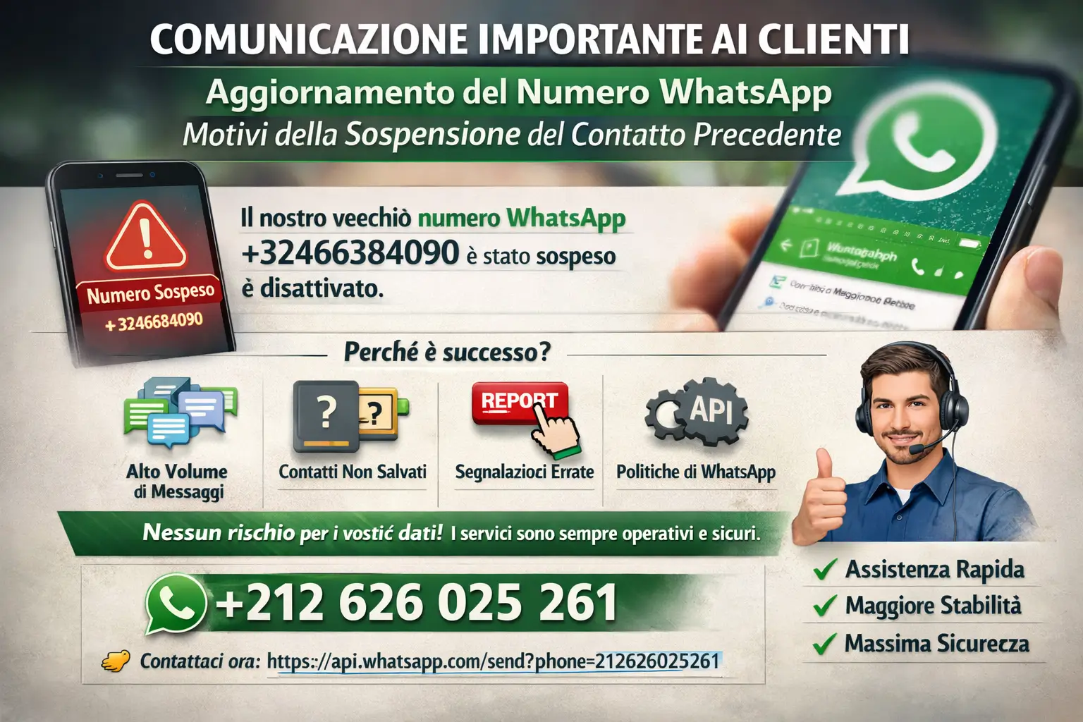 Comunicazione Ufficiale ai Clienti: Aggiornamento del Numero WhatsApp e Motivazioni della Sospensione del Contatto Precedente
